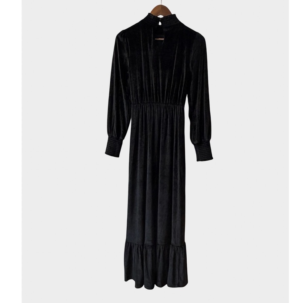 Baltic Born Black Velvet Maxi Dress Mock Neck Smocked Cuff Small Gothic Witchy - Picture 5 of 10